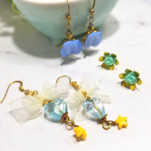 handmade Jewelry - Handmade Cute Blue Rose Dangle & Studs Earring Set